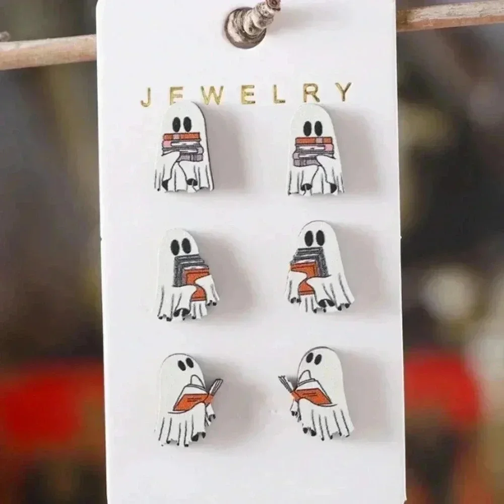 3 pair ladies fun Halloween red and white ghosts reading books stud earrings